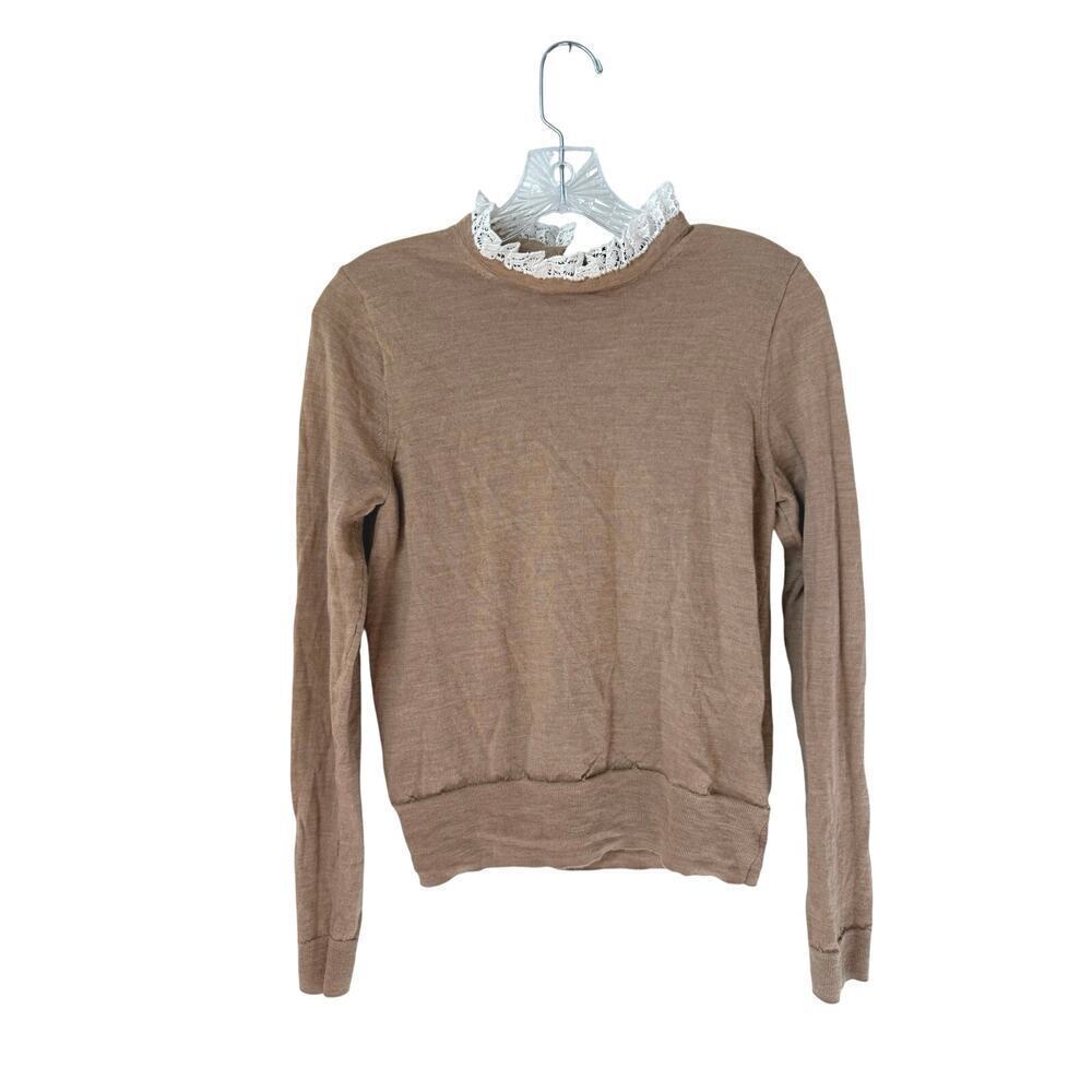 J. Crew 100% Merino Wool Brown Sweater with Lace Collar Medium